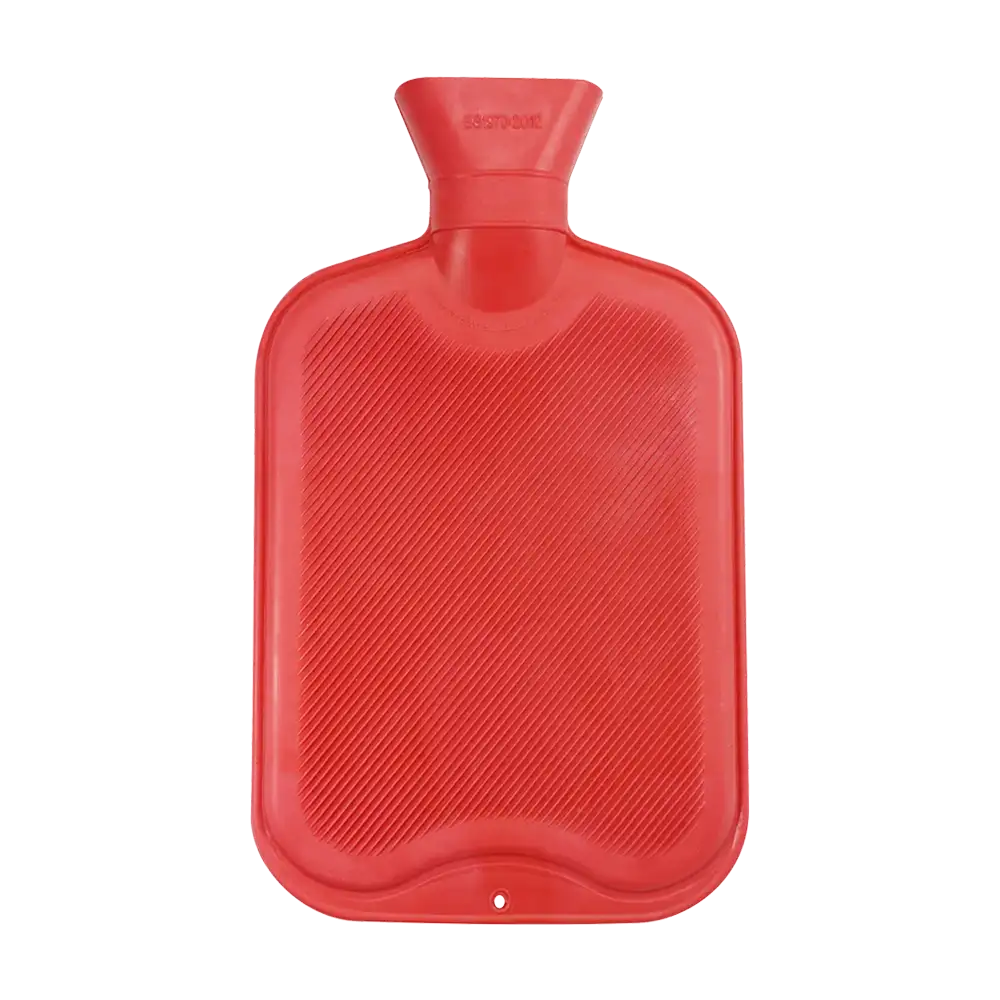 Bolsa de agua caliente, roja, de goma, con tapón de rosca: Bolsa de agua caliente 2l, para uso en el cuello o también adecuado para embarazos, comprar como suministros de sala y paciente.