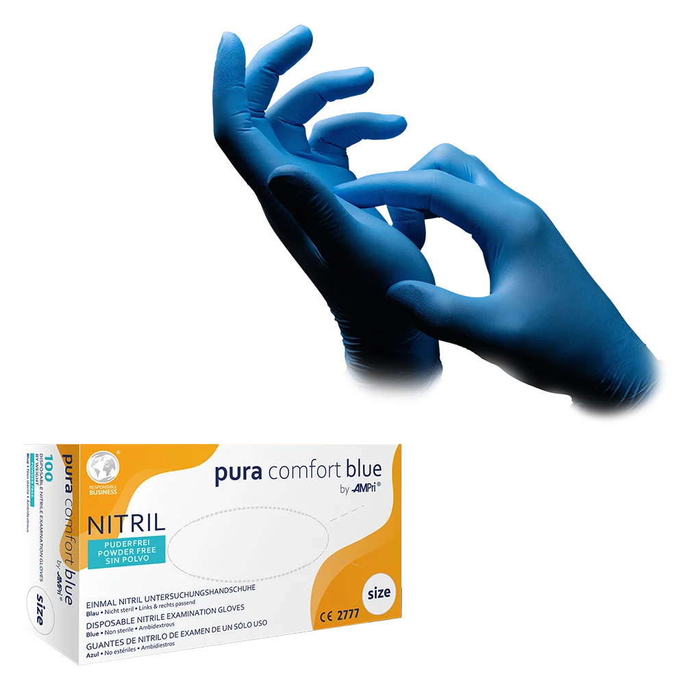 Guantes de nitrilo, azul, talla XS, S, M, L, XL, XXL, sin polvo, Puracomfort Azul: comprar guantes desechables de nitrilo como guantes de protección y guantes de examen de nitrilo.