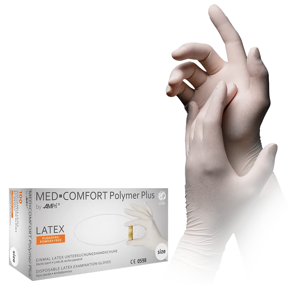 Guantes de látex, beige claro, talla XS, S, M, L, XL, sin polvo, Med-Comfort Polymer Plus: comprar guantes desechables de látex como guantes de examen y guantes de protección.