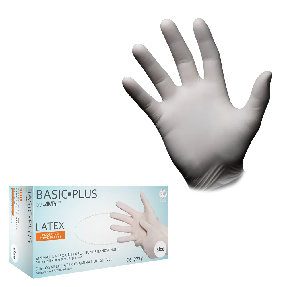 Guantes de látex, blanco, talla XS, S, M, L, XL, sin polvo, Basic-Plus: comprar guantes desechables de látex como guantes de examen y guantes de protección.