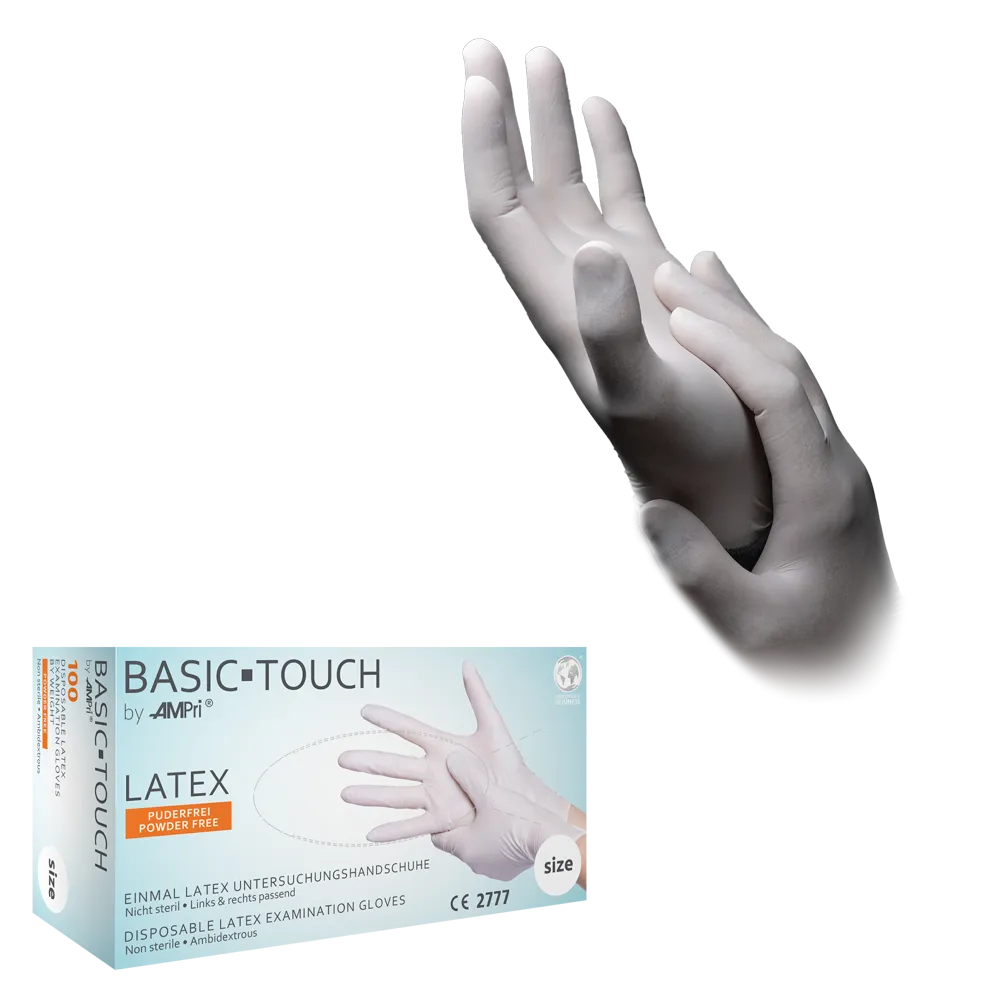 Guantes de látex, blanco, talla M, sin polvo, Basic-Touch: comprar guantes desechables de látex para examen y protección.