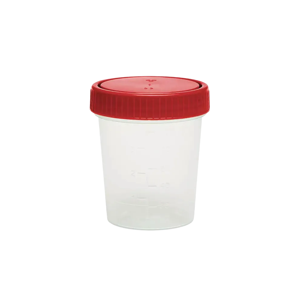 Recipiente de recogida de orina de PP con tapa de rosca, 125 ml, color transparente, rojo