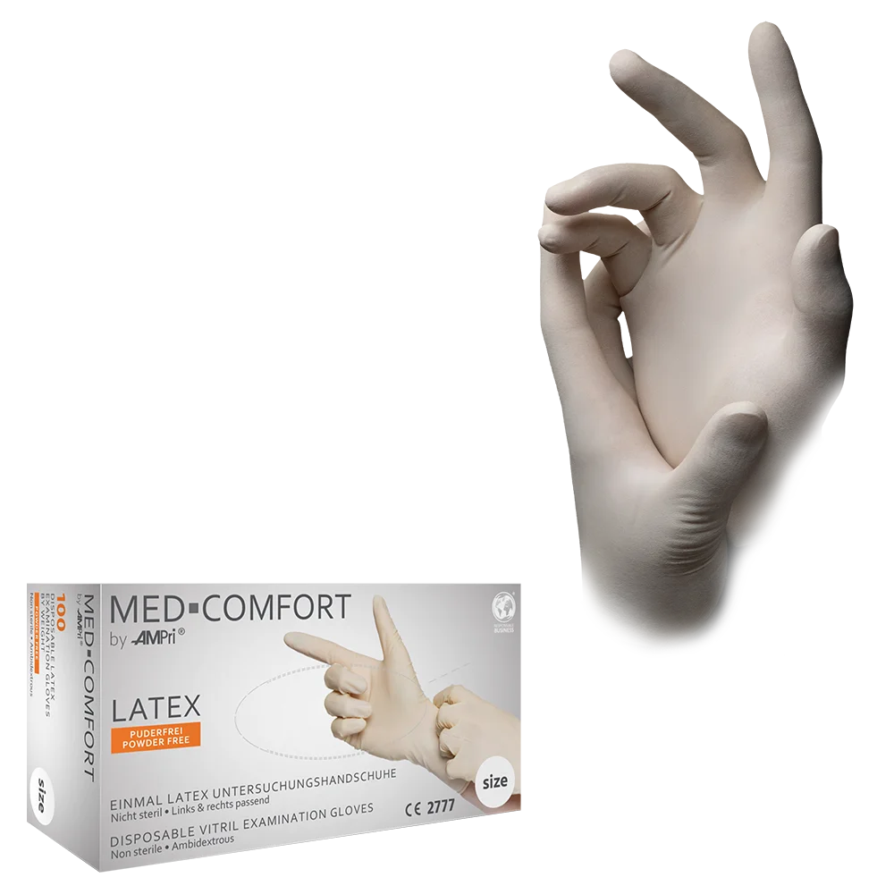 Guantes de látex, blanco, talla XS, S, M, L, XL, sin polvo, Med-Comfort: comprar guantes desechables de látex para examen y protección.