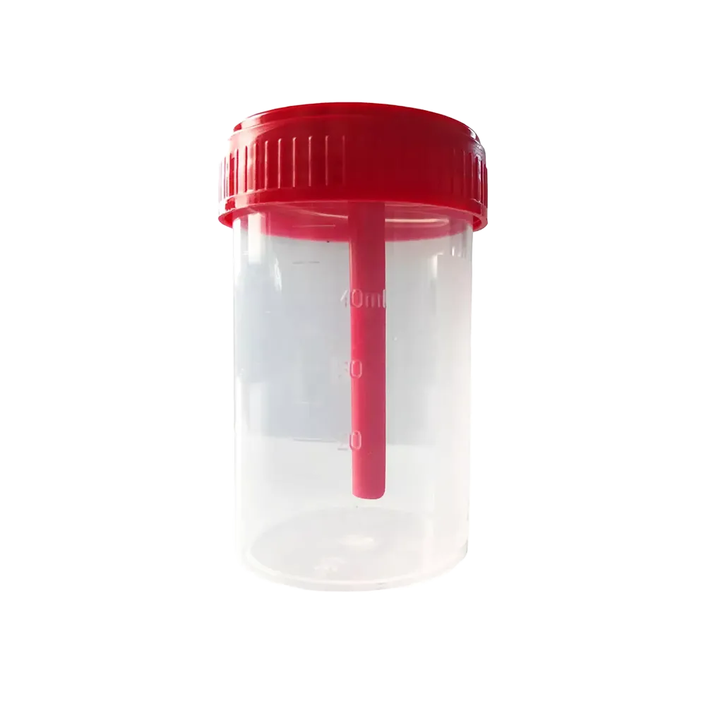 Recipiente de recogida de heces de PP, 40 ml, transparente, rojo con cierre de PE