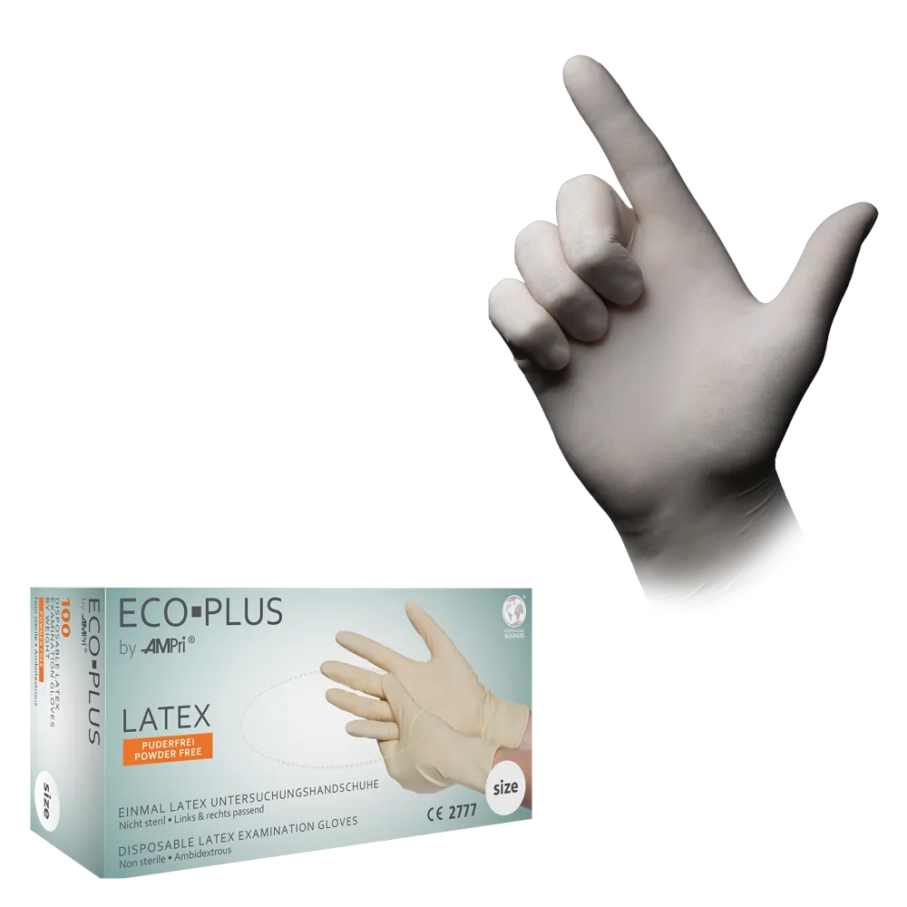 Guantes de látex, blanco, talla XS, S, M, L, XL, XXL, sin polvo, Eco-Plus: comprar guantes desechables de látex para examen y protección.