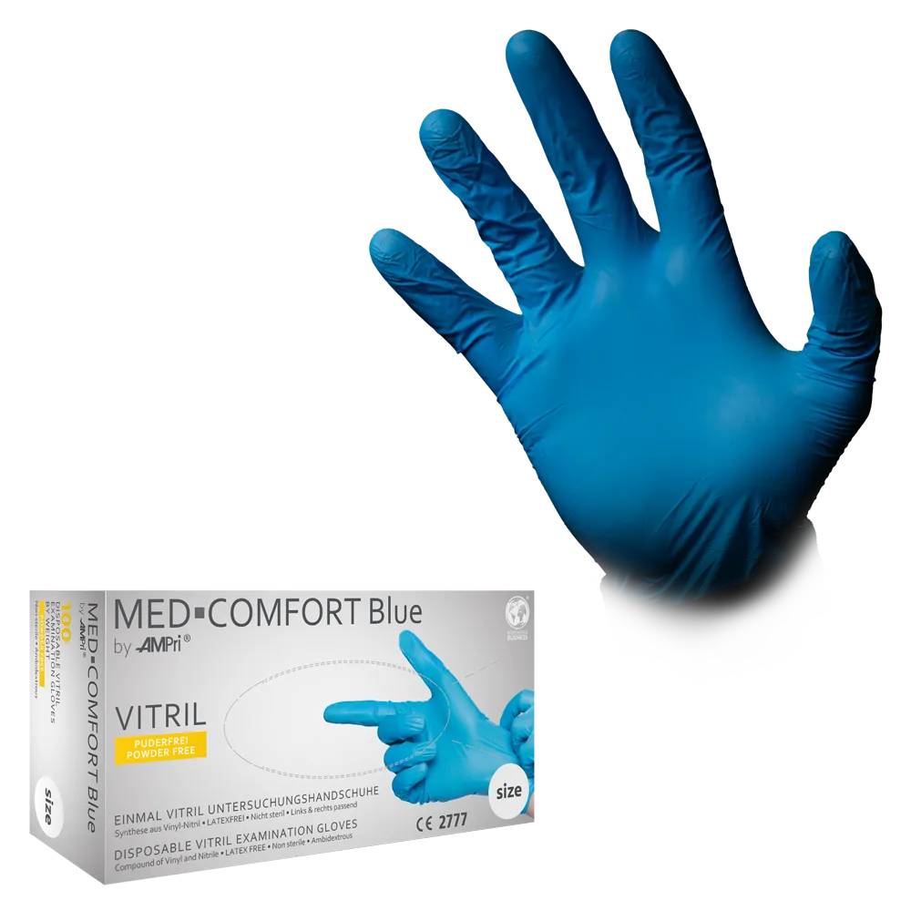 Guantes de vitrilo, azul, talla XL, sin polvo, Med-Comfort Azul de vitrilo: comprar guantes desechables de vitrilo y guantes de protección como EPI.