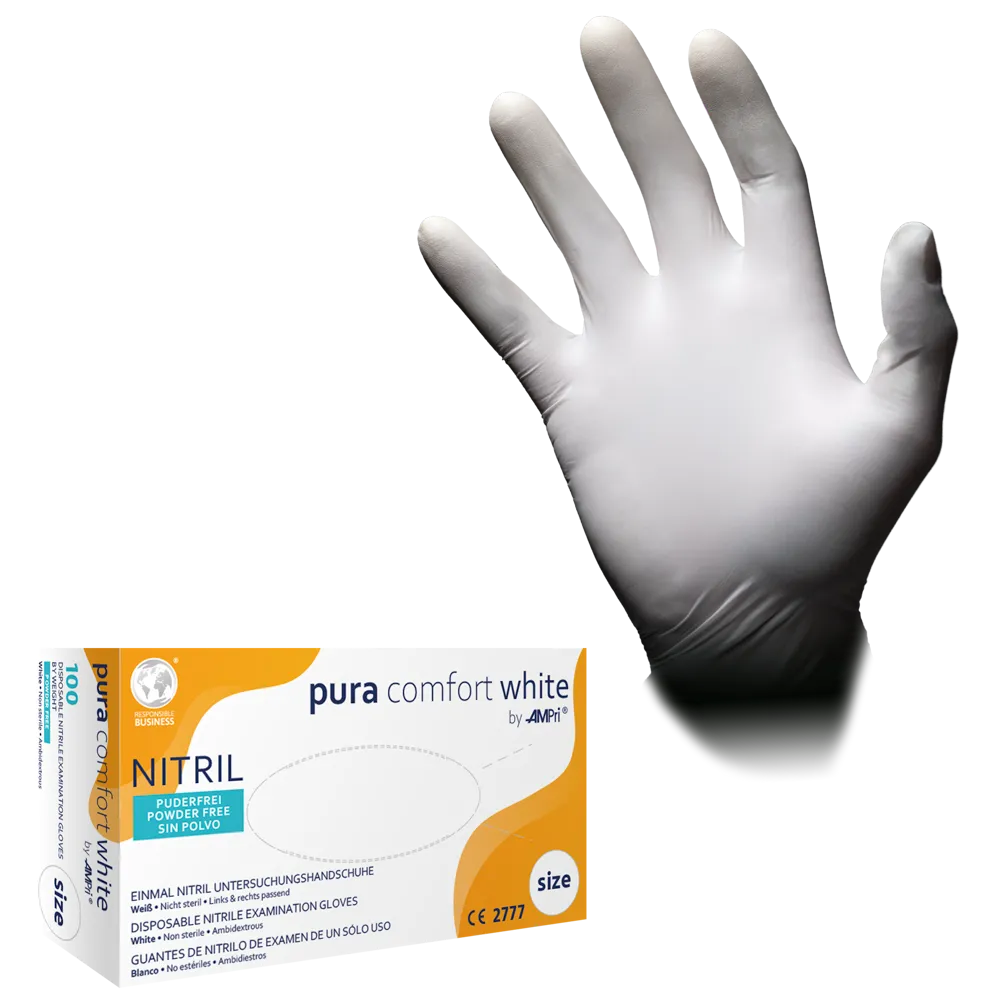 Guantes de nitrilo, blanco, talla XS, S, M, L, XL, sin polvo, Puracomfort blanco: comprar guantes desechables de nitrilo como guantes de protección y guantes de examen de nitrilo.