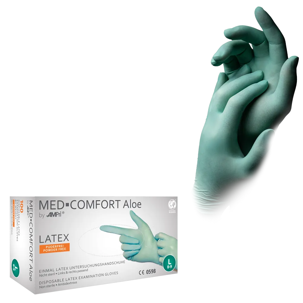 Guantes de látex, verde menta, talla XS, S, M, L, XL, sin polvo, Med-Comfort Aloe: comprar guantes de examen desechables de látex y guantes de protección.