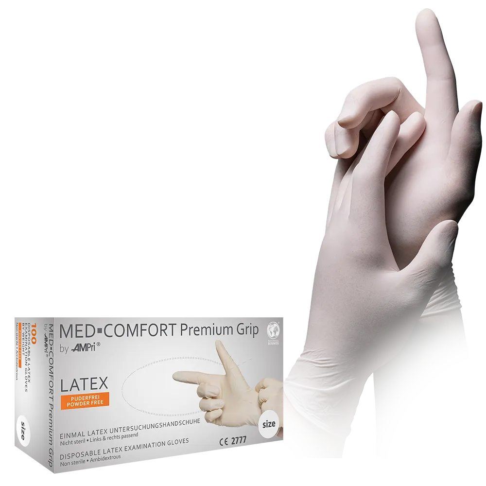 Guantes de látex, blanco, talla M, sin polvo, Med-Comfort Premium Grip: comprar guantes desechables de látex antideslizantes como guantes de examen y guantes de protección.