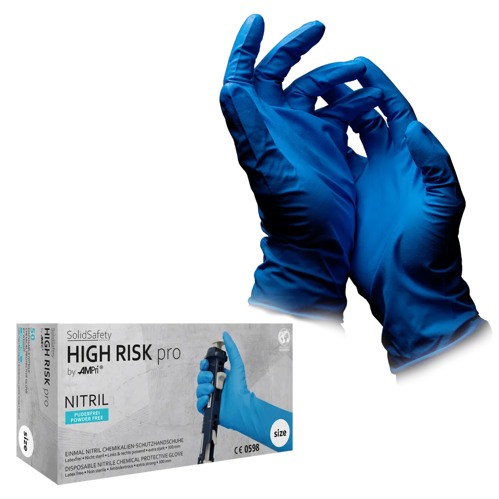 Guantes de nitrilo desechables, tipo A, talla M, azul, Solidsafety High Risk Pro: comprar guante de nitrilo sin polvo como guante de protección química como EPI.