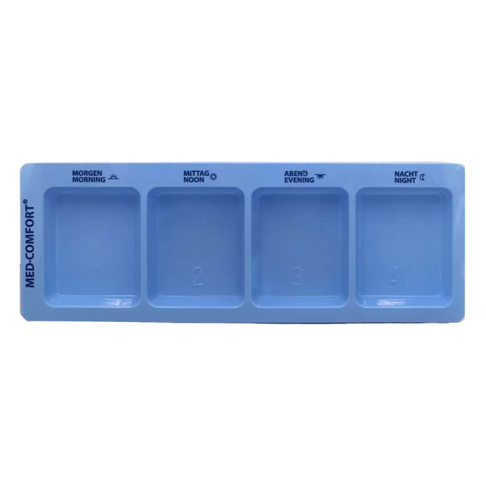 Dispensador de medicamentos desechable de PP, 4 compartimentos, 22 x 8 x 2 cm, azul, Med-Comfort