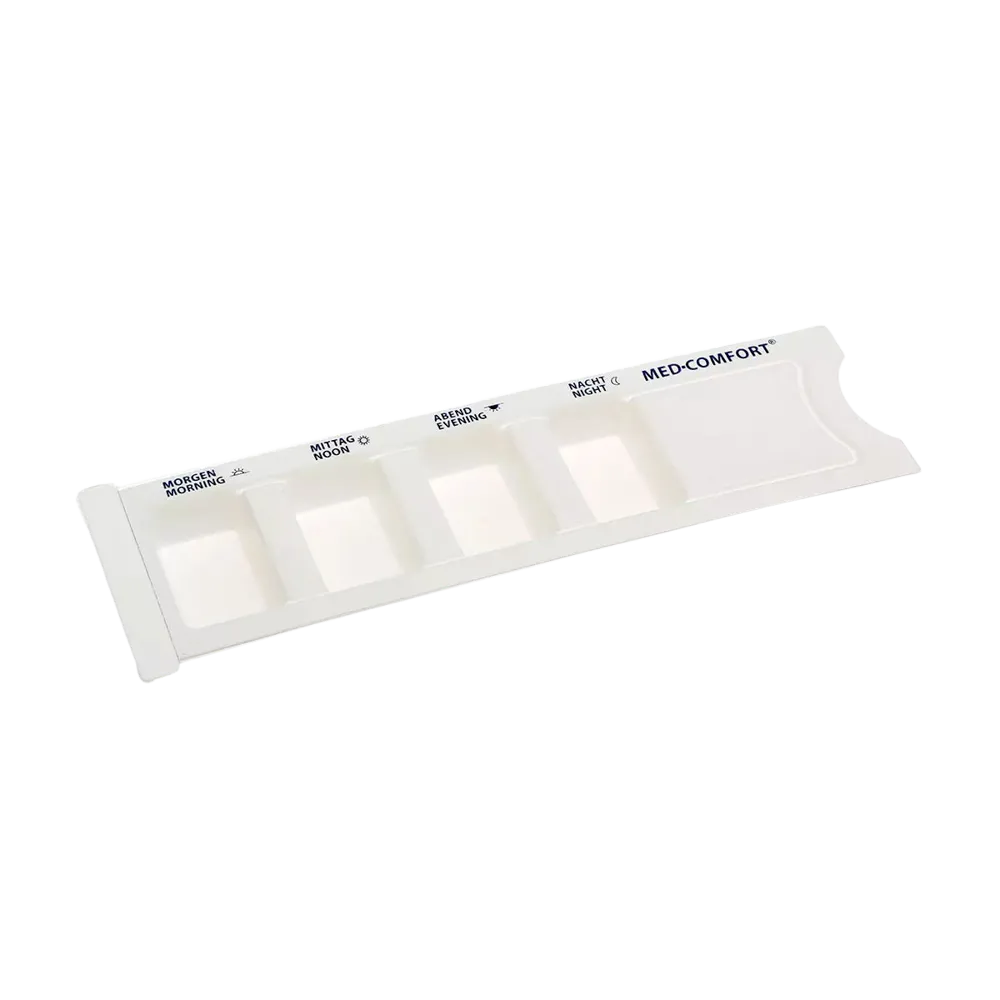 PP Dispensador de medicamentos desechable, 4 compartimentos, 22,2 x 6 x 1,5 cm, blanco, Med-Comfort