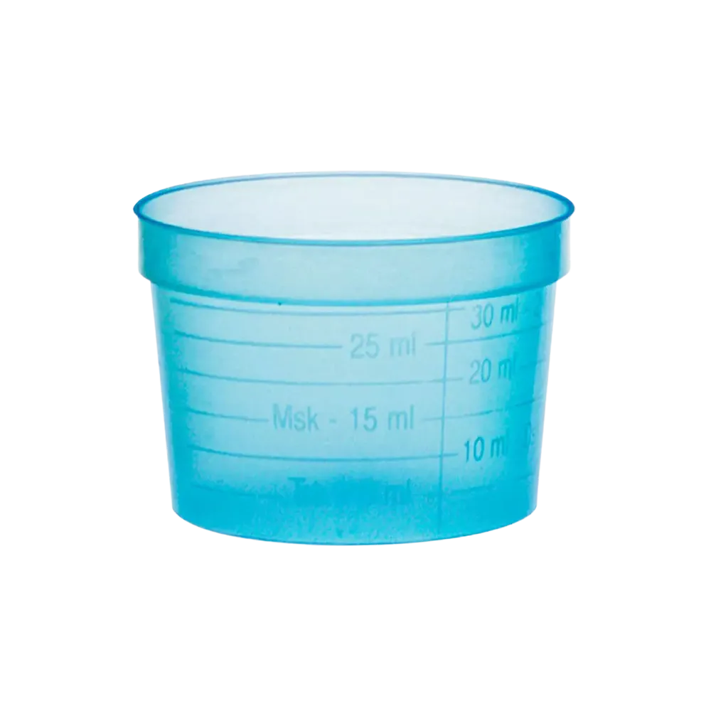 Vaso para medicamentos de PP, color azul, ancho, 30 ml, graduado