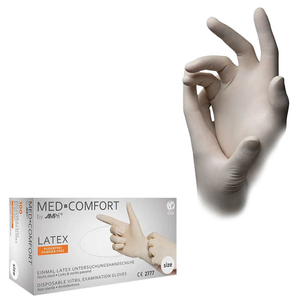 Guantes de látex, blanco, talla XS, sin polvo, Med-Comfort: comprar guantes desechables de látex para examen y protección.