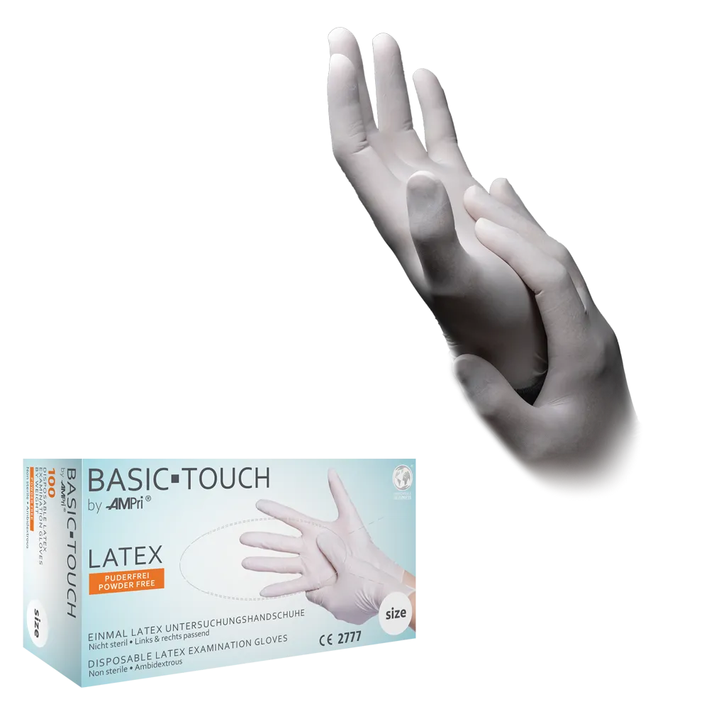 Guantes de látex, blanco, talla M, sin polvo, Basic-Touch: comprar guantes desechables de látex para examen y protección.