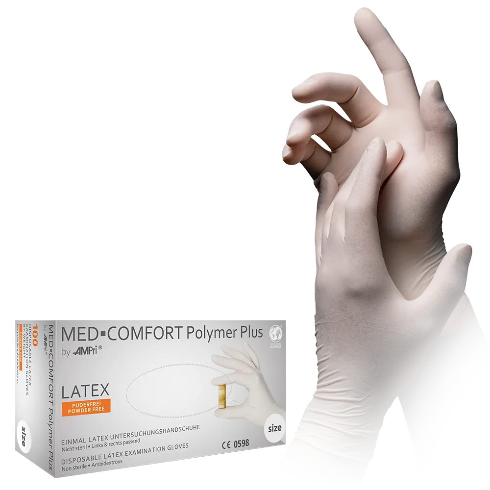 Guantes de látex, beige claro, talla M, sin polvo, Med-Comfort Polymer Plus: comprar guantes desechables de látex como guantes de examen y guantes de protección.