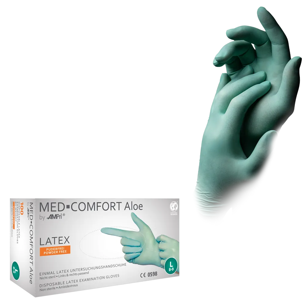 Guantes de látex, verde menta, talla M, sin polvo, Med-Comfort Aloe: comprar guantes desechables de látex como guantes de examen y guantes de protección.