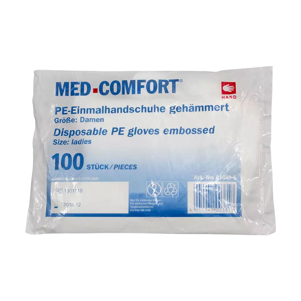 Guante de PE, transparente, talla S (señora), martillado, Med-Comfort: comprar guantes desechables de PE.