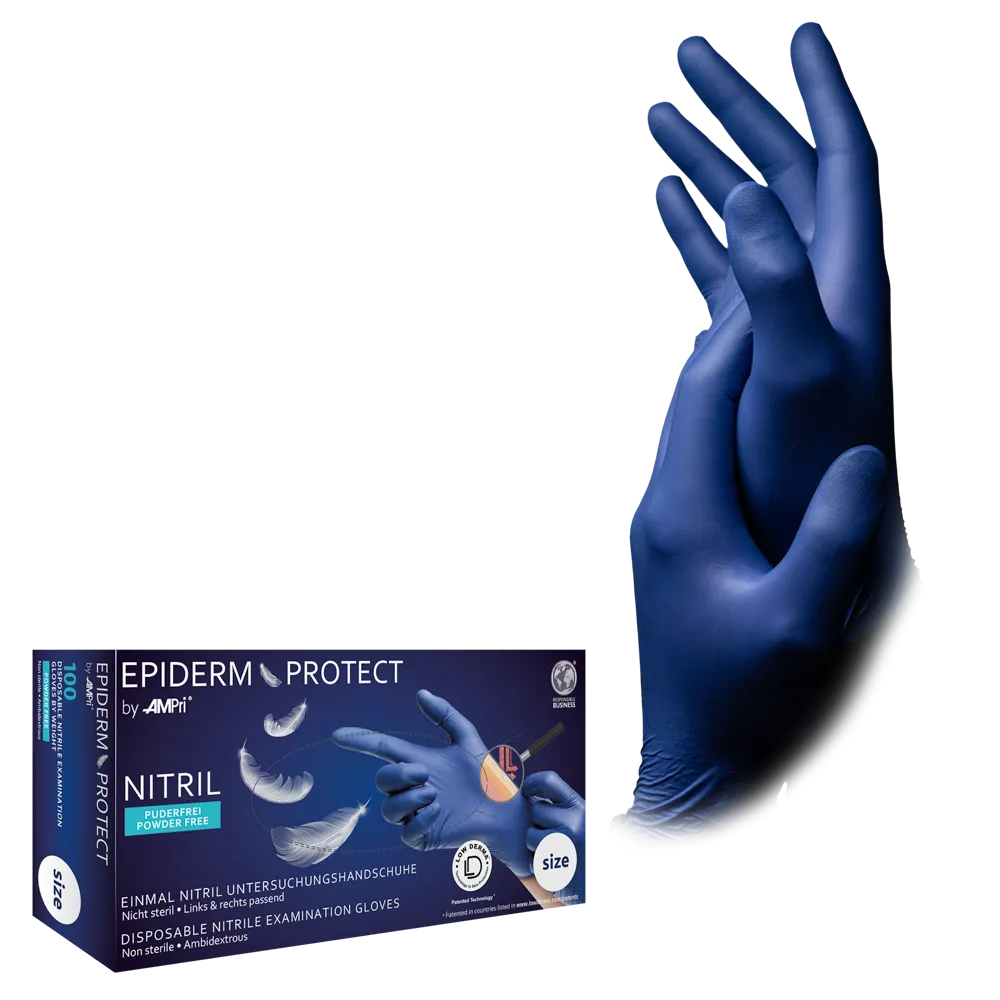 Guantes de nitrilo, azul metálico, talla M, sin polvo, EpidermProtect de Med-Comfort: comprar guantes desechables de nitrilo para la protección de la piel y la exploración.