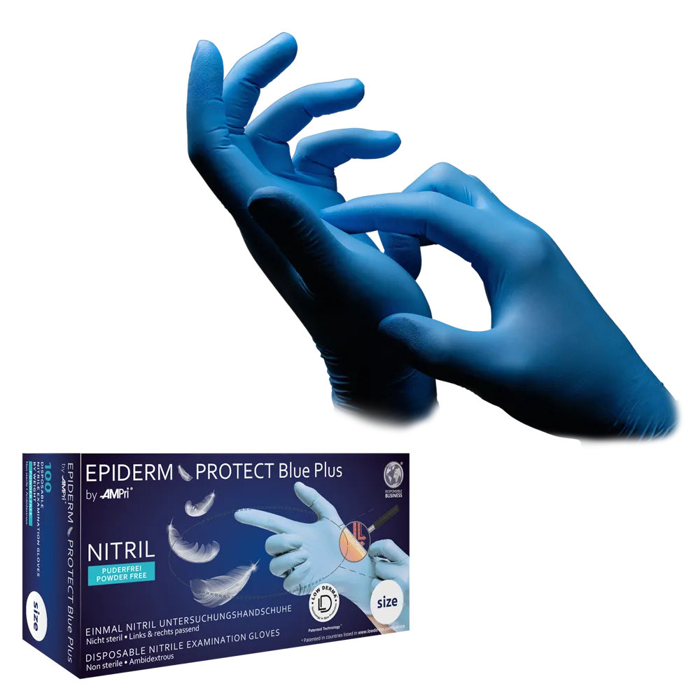 Guantes de nitrilo, azul claro, azul, talla M, sin polvo, Epiderm Protect Blue Plus de Med-Comfort: Compre guantes desechables de nitrilo inocuos para la piel y los alimentos como guantes de protección y guantes de examen de nitrilo.