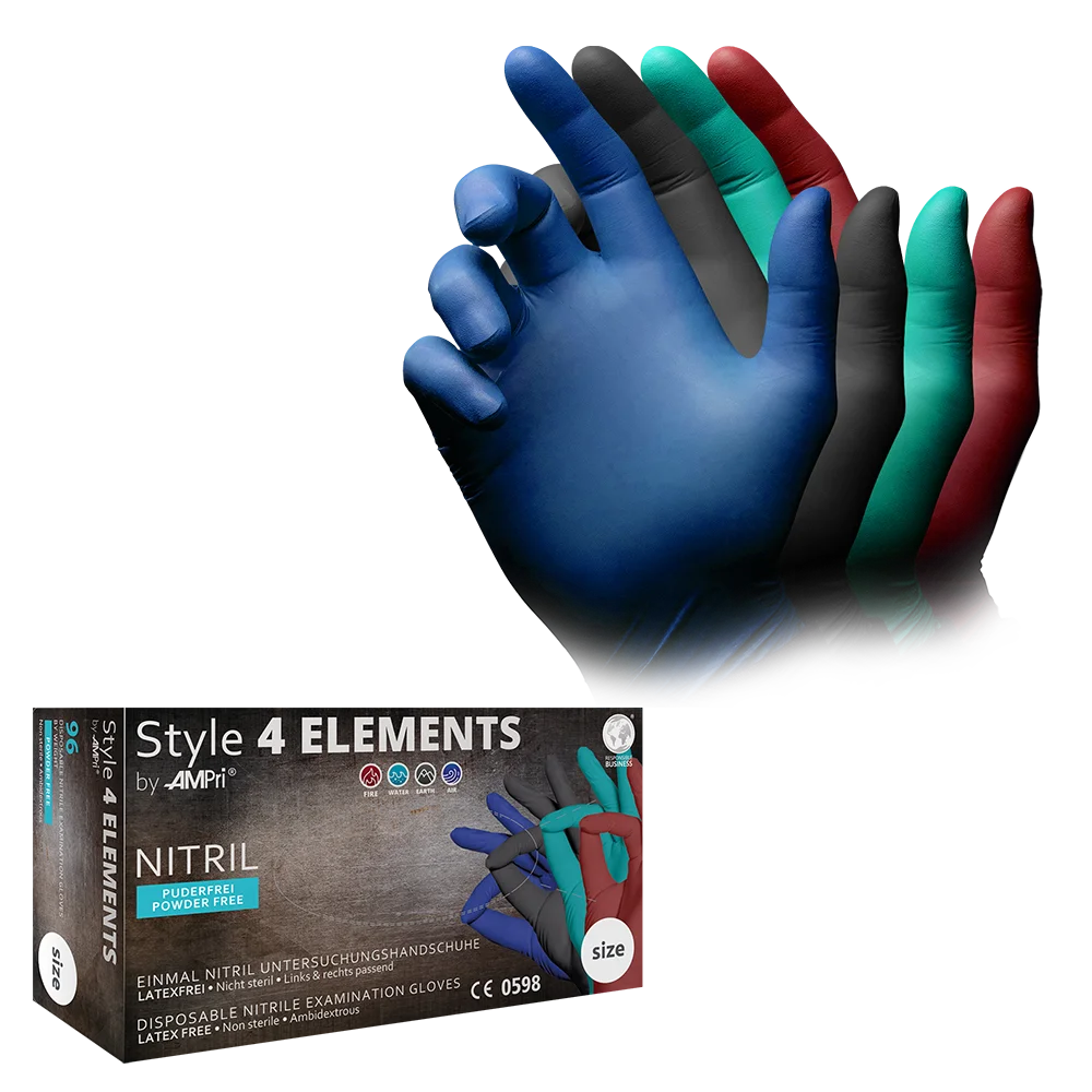 Guantes de nitrilo, de color, mezcla de colores, talla M, sin polvo, Style 4 Elements by AMPri: Comprar guantes desechables de nitrilo como guantes de protección y guantes de examen de nitrilo.