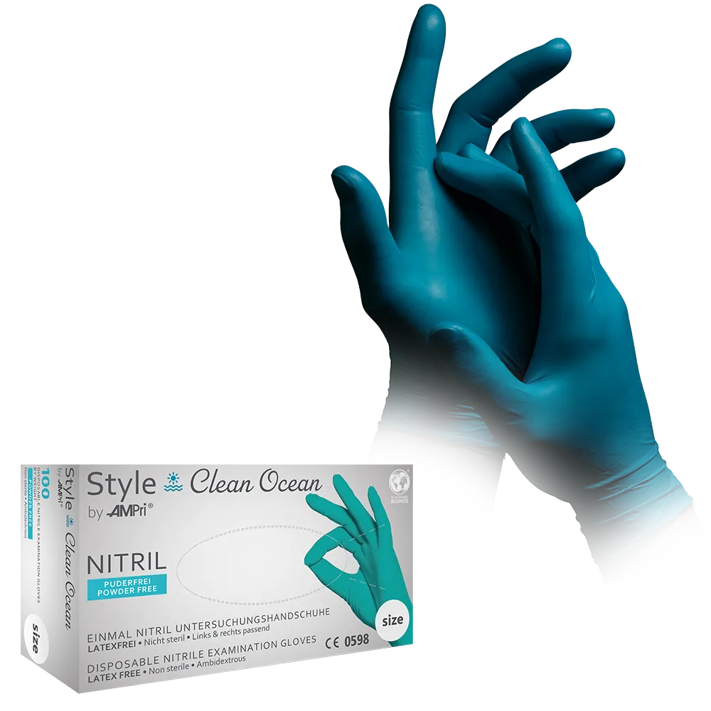 Guantes de nitrilo, verde, green ocean, talla XL, sin polvo, estilo CLEAN OCEAN de Med-Comfort: comprar guantes desechables de nitrilo como guantes de protección y guantes de examen en nitrilo de color.