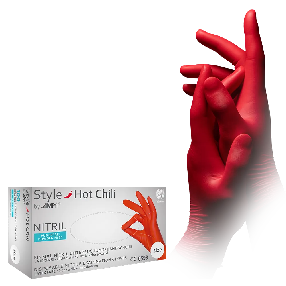 Guantes de nitrilo, rojo, talla M, sin polvo, estilo Hot Chili de Med-Comfort: comprar guantes desechables de nitrilo como guantes de protección y guantes de examen de nitrilo de color.