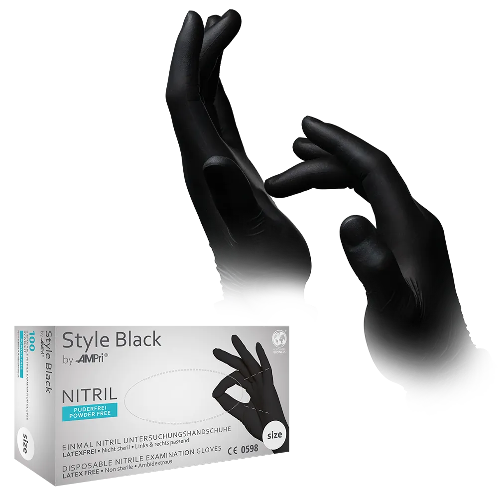 Guantes de nitrilo, negro, talla L, sin polvo, estilo negro de Med-Comfort: comprar guantes desechables de nitrilo como guantes de protección y guantes de examen en nitrilo de color.