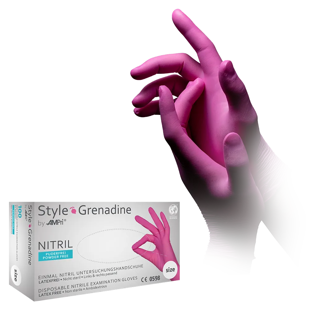 Guantes de nitrilo, magenta, pink, talla S, sin polvo, estilo Granadina de Med-Comfort: comprar guantes desechables de nitrilo como guantes de protección y guantes de examen en nitrilo de color.