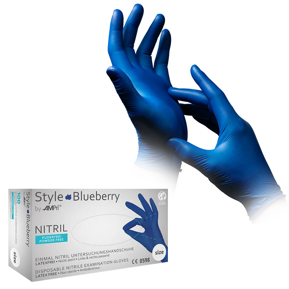 Guantes de nitrilo, azul oscuro, talla M, sin polvo, estilo blueberry de Med-Comfort: comprar guantes desechables de nitrilo como guantes de protección y guantes de examen en nitrilo de color.