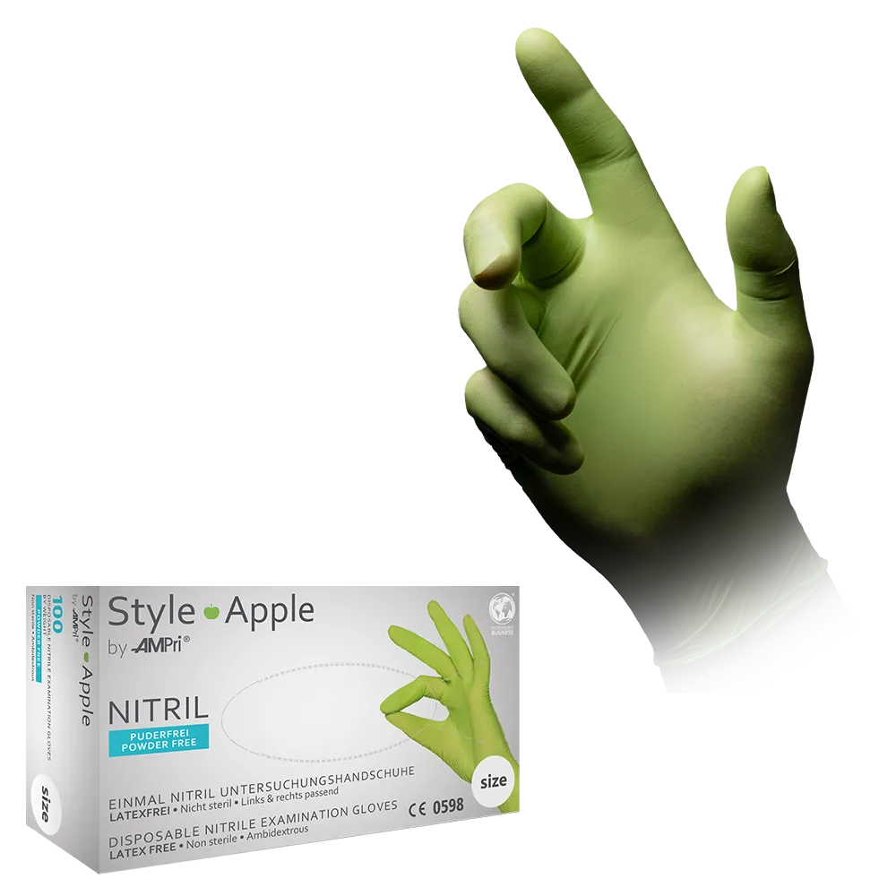 Guantes de nitrilo, verde manzana, talla L, sin polvo, estilo manzana de Med-Comfort: comprar guantes desechables de nitrilo como guantes de protección y guantes de examen en nitrilo de color.