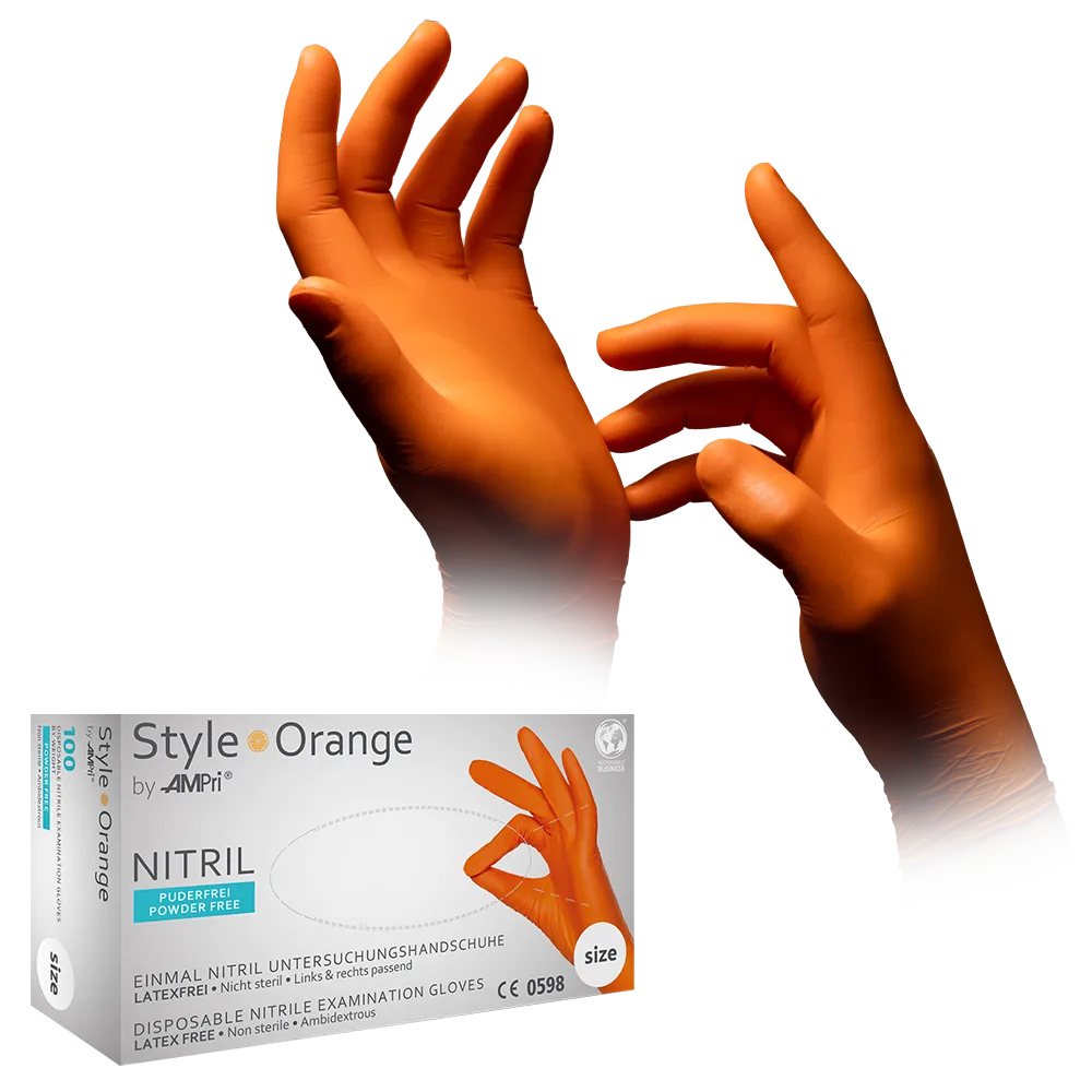 Guantes de nitrilo, naranja de Med-Comfort: comprar talla M, sin polvo, estilo naranja de Med-Comfort: comprar guantes desechables de nitrilo como guantes de protección y guantes de examen en nitrilo de color.