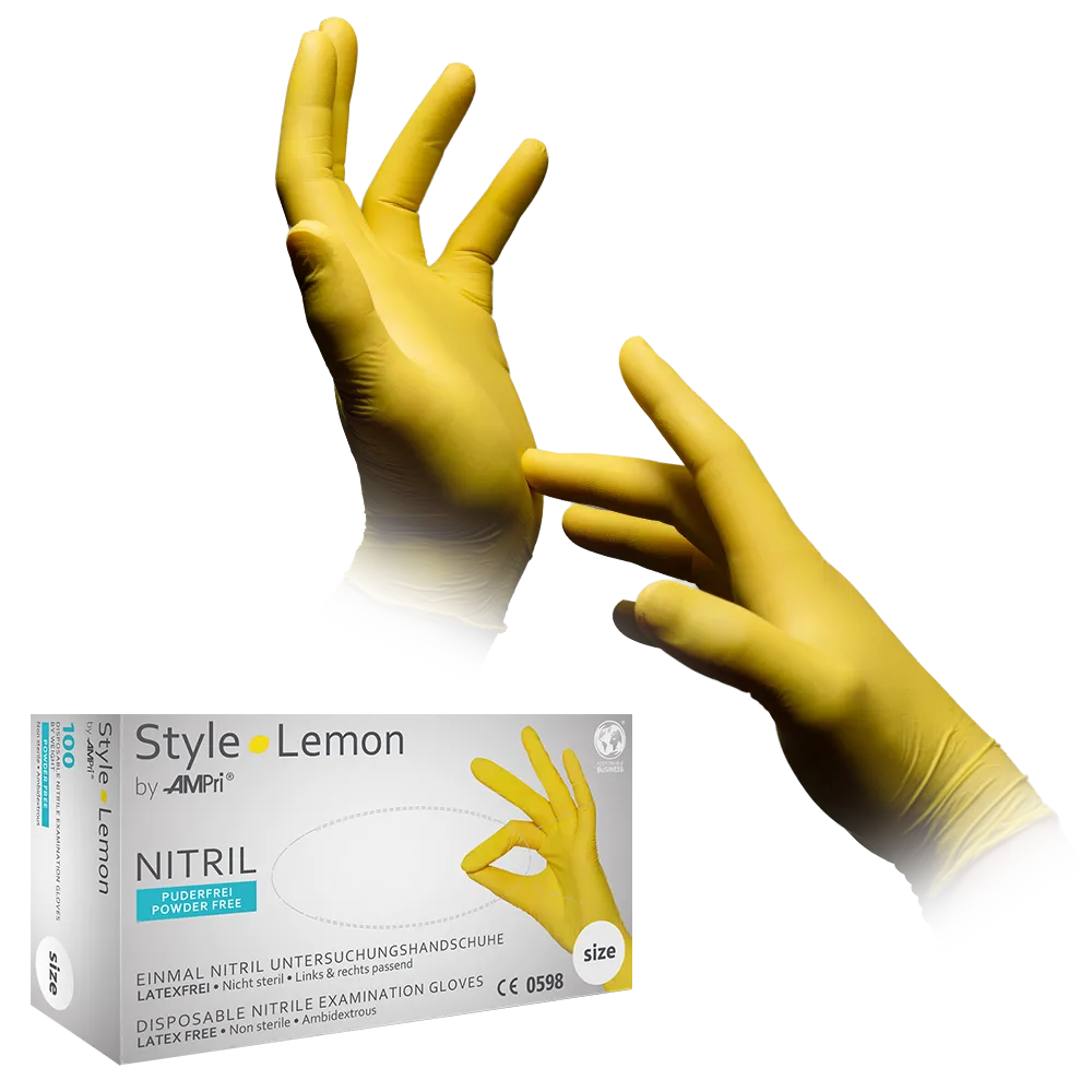 Guantes de nitrilo, amarillo, talla M, sin polvo, estilo Lemon de Med-Comfort: comprar guantes desechables de nitrilo como guantes de protección y guantes de examen en nitrilo de color.