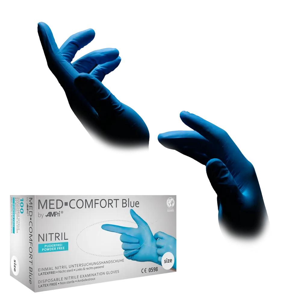 Guantes de nitrilo, azul, talla M, sin polvo, Med-Comfort Azul: comprar guantes desechables de nitrilo como guantes de protección y guantes de examen de nitrilo.