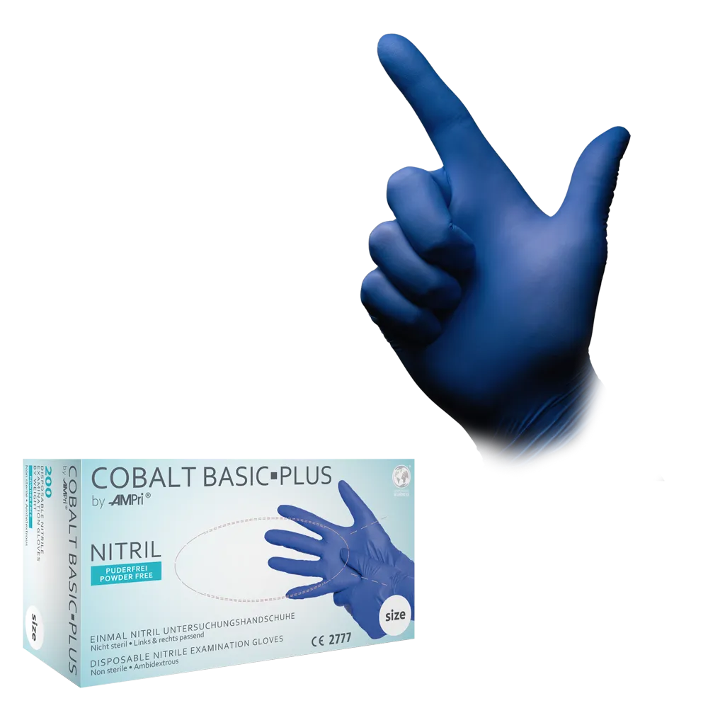 Guantes de nitrilo, azul cobalto, talla M, sin polvo, Cobalt Basic-Plus: comprar guantes desechables de nitrilo como guantes de protección y guantes de examen.