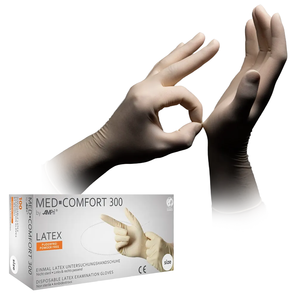 Guantes de látex, blanco, talla L, sin polvo, Med-Comfort 300: comprar guantes desechables de látex para protección y examen.