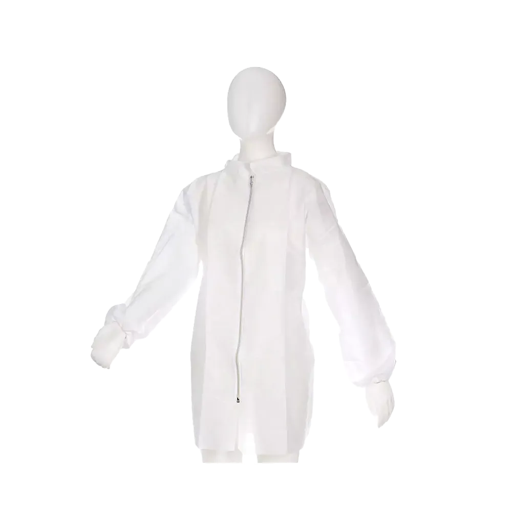 Chaqueta de visita de PP no tejido con cremallera, blanca, talla XXL, Med-Comfort: comprar Chaqueta protectorsa de polipropileno desechable con bolsillo interior.