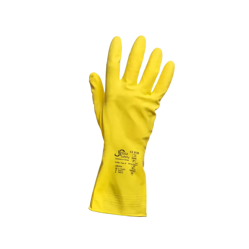 Guante de protección química, talla 8, amarillo, SolidSafety ChemL: comprar Guante de látex desechable, como EPI.