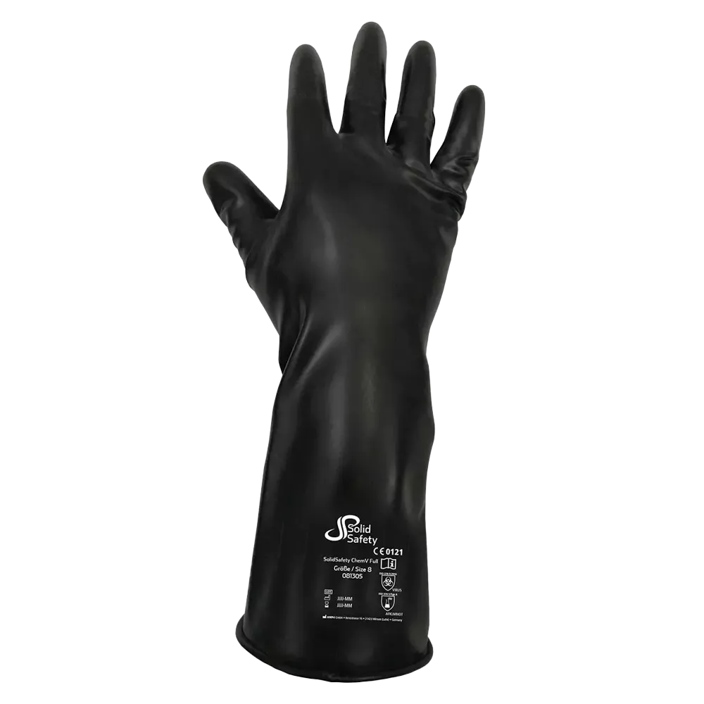 Guante de protección química, tipo A, talla 8, negro, Solidsafety ChemV Full: comprar guante de trabajo de butilo de bromo resistente a los productos químicos y robusto con revestimiento exterior de Viton como EPI.