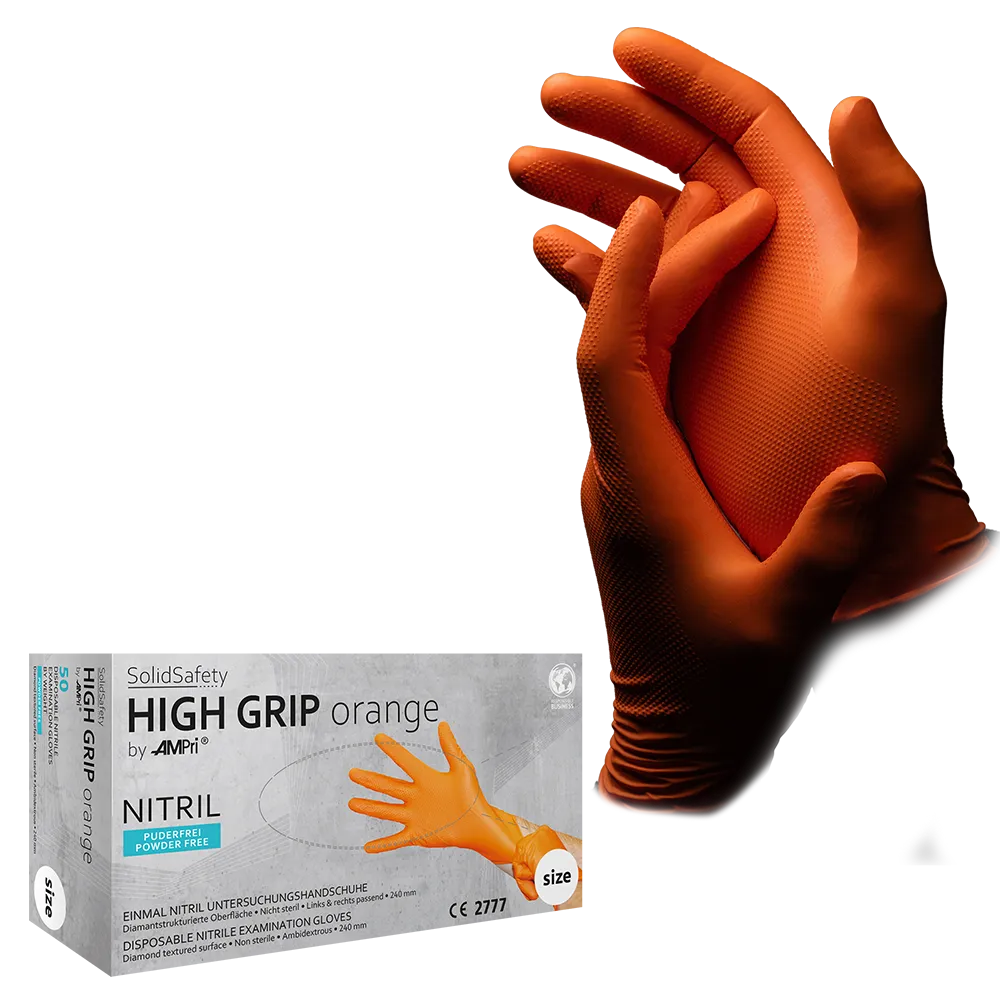 Guante de nitrilo desechable High Grip, talla L, naranja, SolidSafety: comprar guante de trabajo de nitrilo con agarre extra y resistente a productos químicos y adecuado para la industria alimentaria como EPI.