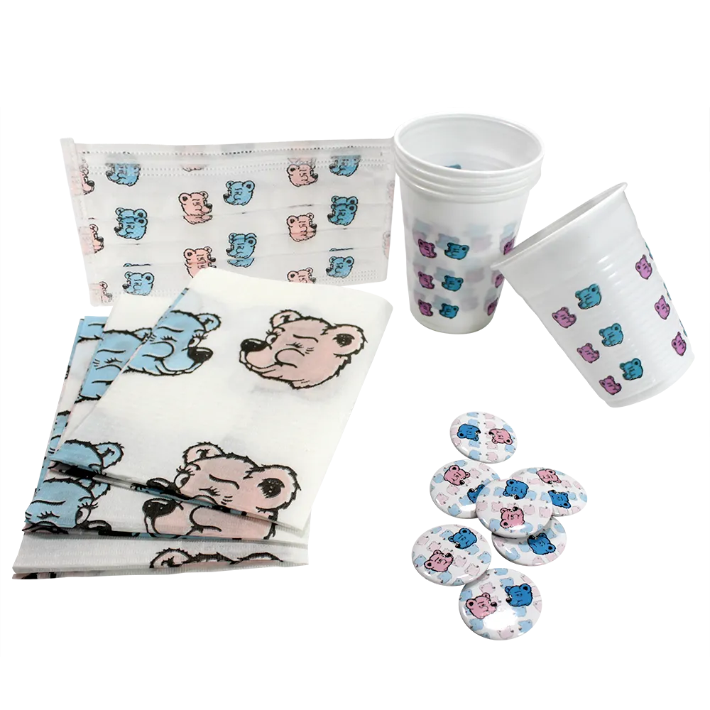 Dental Happy Kids Set, Bear Print: comprar el dental Kids Set con botones de pin, máscaras desechables como protectorses bucales, servilletas para el paciente y vasos de enjuague bucal para que los niños sean felices durante los tratamientos dentales.