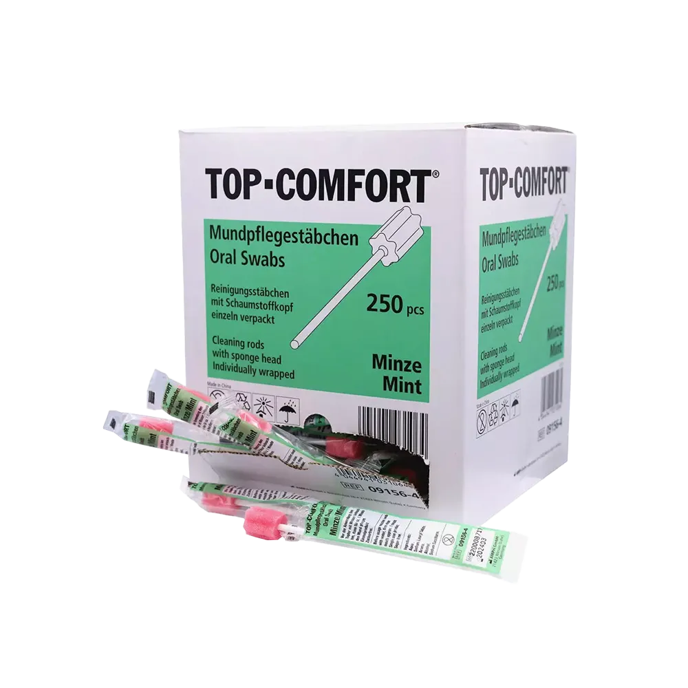 PP Palillos de cuidado bucal con esponja de PU, 100 mm, sabor a menta, cabeza rosa, Top-Comfort: comprar palillos de cuidado bucal de polipropileno con esponja de poliuretano para su uso en el cuidado bucal como material para el paciente.