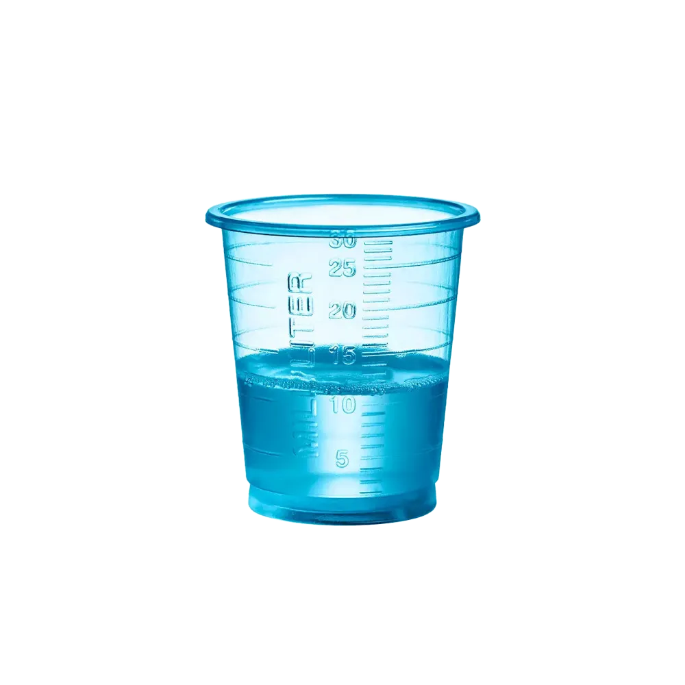 Vaso de medicina desechable PP Eco, 30 ml, graduado, azul, Med-Comfort Eco: comprar vaso de polipropileno médico producido de forma sostenible con función de medición para la dosificación de líquidos y la dispensación de medicamentos como suministros de s