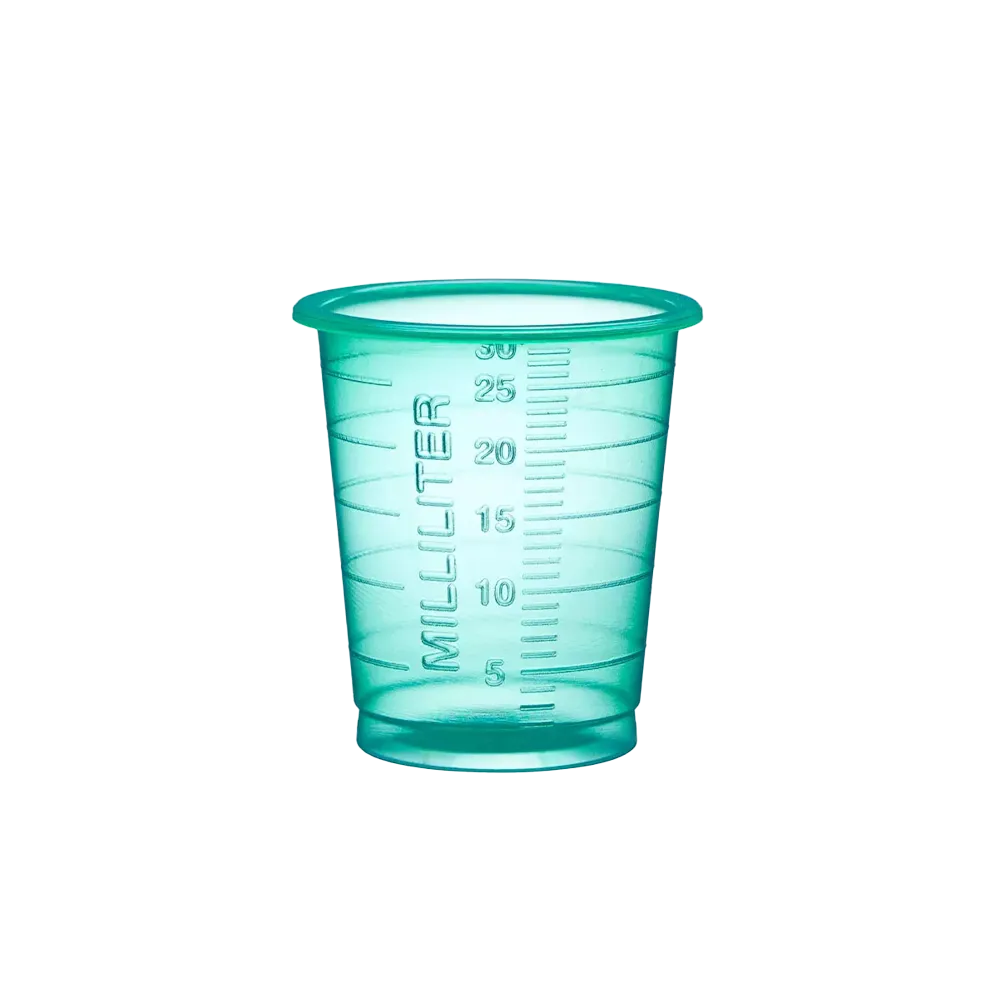 Vaso de medicina desechable PP Eco, 30 ml, graduado, verde, Med-Comfort Eco: comprar vaso de polipropileno de uso médico, fabricado de forma sostenible, con función de medición para la dispensación de líquidos y la distribución de medicamentos como materi