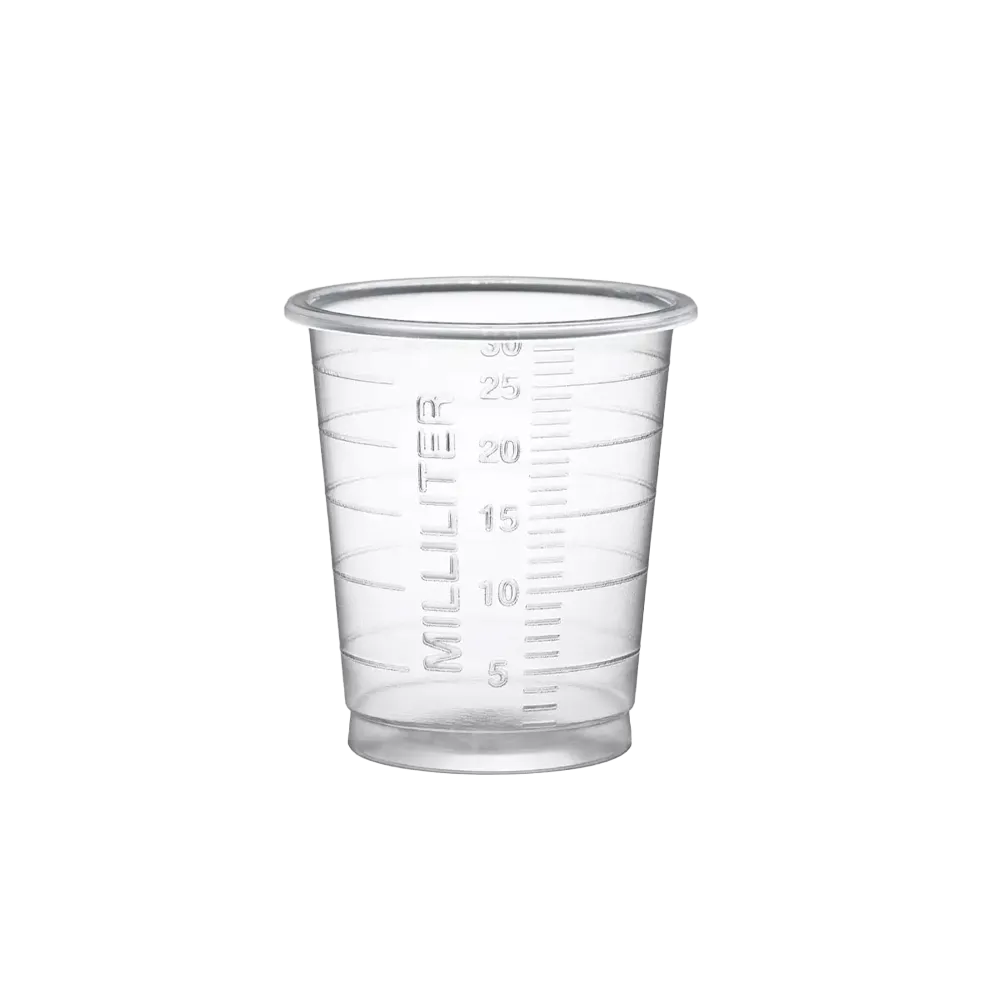 Vaso de medicina desechable PP Eco, 30 ml, graduado, transparente, Med-Comfort Eco: comprar un vaso de polipropileno médico producido de forma sostenible con función de medición para dispensar líquidos y distribuir medicamentos como suministros de sala.