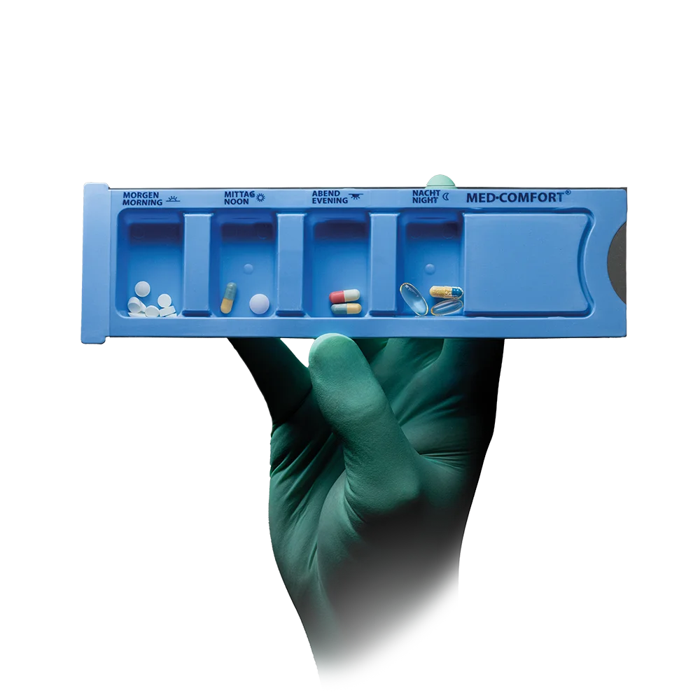 Dispensador de medicamentos desechable de PP, 4 compartimentos, 22,2 x 6 x 1,5 cm, azul, Med-Comfort: comprar el blíster deslizante de polipropileno con tiempos diarios impresos para almacenar las necesidades diarias de medicamentos como suministros de la