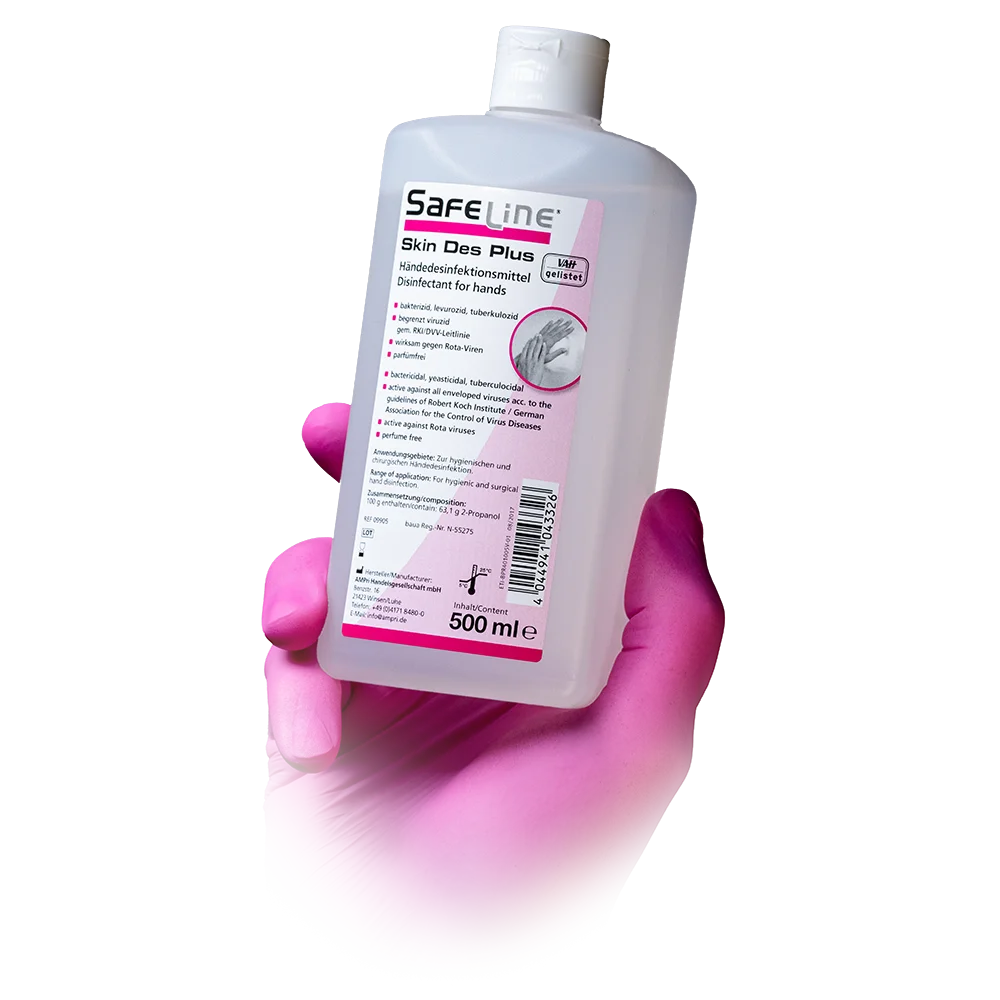 Desinfección de manos, 500 ml, Safeline Skin Des Plus: comprar desinfectante listo para usar, especialmente indicado para manos sensibles a las alergias, para una limpieza higiénica para su aplicación en la piel.