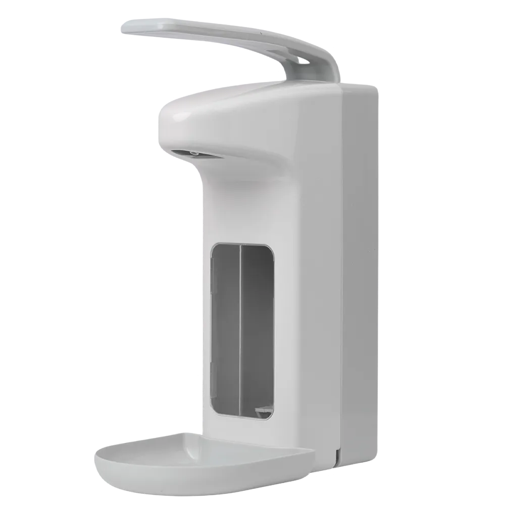 Dispensador de pared para jabones líquidos y desinfectantes de 1l, color blanco, gris, 320 x 120 x 230 mm: comprar el dispensador de pared con cerradura de plástico de alta calidad como dispensador con bandeja de goteo para líquidos.