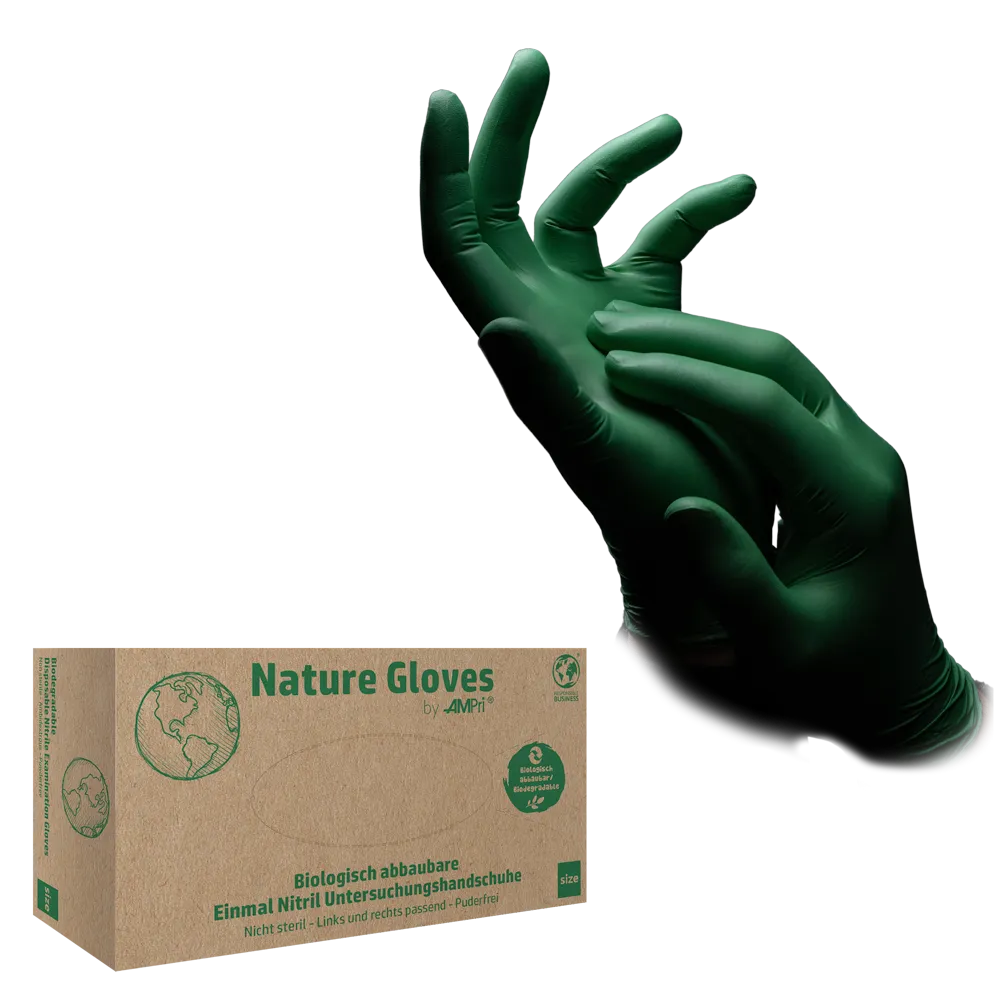 Guantes de nitrilo, verde, talla M, sin polvo, Nature Gloves by Med-Comfort: comprar guantes desechables de nitrilo como guantes de protección y guantes de examen de nitrilo.