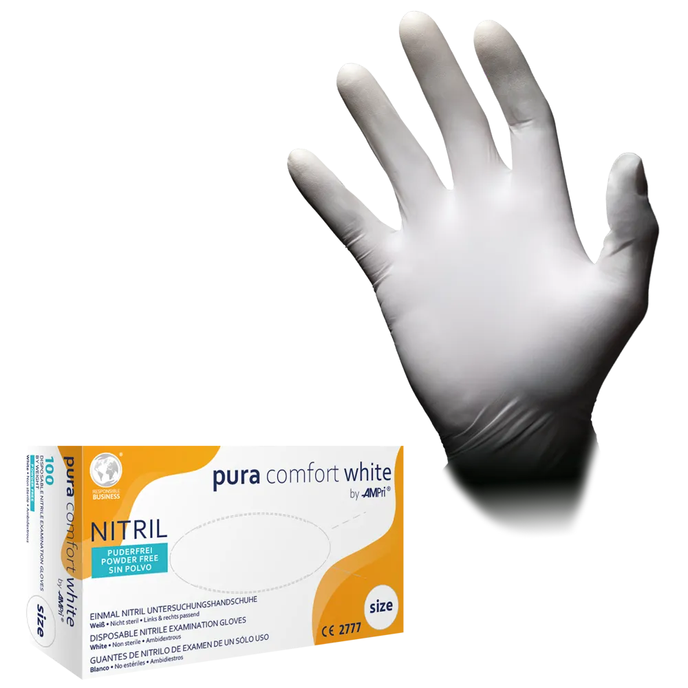 Guantes de nitrilo, blanco, talla L, sin polvo, Puracomfort blanco: comprar guantes desechables de nitrilo como guantes de protección y guantes de examen de nitrilo.